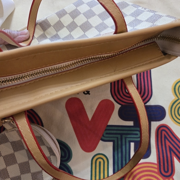 Designer-Inspired Cream and Tan Check Mini Tote with Round Coin Pouch - Picture 4 of 7